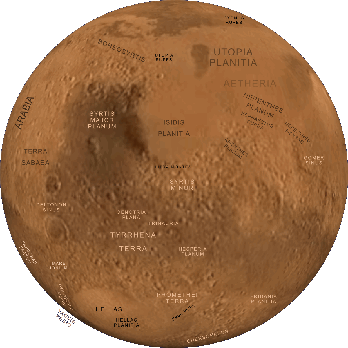 Map of Mars, centred on longitude 270°