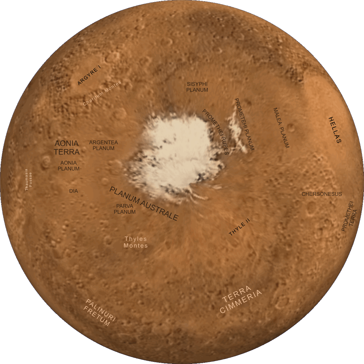 Map of Mars' south polar regions